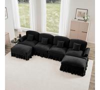 A ALFRESCOOL Casa paesaggio a forma di U, divano modulare a 4 posti, con 2 pouf, braccioli imbuti, grembiule rimovibile e sgabello mobile, tessuto di ciniglia, 350 × 140 × 93 cm (nero)