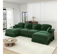 A ALFRESCOOL Casa paesaggio a forma di U, divano modulare a 4 posti, con 2 pouf, braccioli imbuti, grembiule rimovibile e sgabello mobile, tessuto di ciniglia, 350 × 140 × 93 cm (verde)