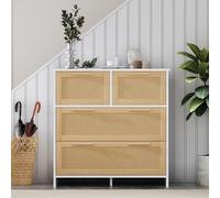 A ALFRESCOOL Cassettiera a buffet, scarpiera con 4 cassetti, maniglie in legno massiccio, per ingresso, corridoio, armadio, 80 x 80 x 38 cm, colore naturale + bianco