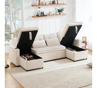 A ALFRESCOOL Divano letto con funzione di sonno, divano a forma di U, in cotone e lino con portabevande, ripostiglio, adatto per famiglie, soggiorni (beige)