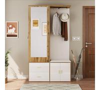 A ALFRESCOOL Elegante set appendiabiti in colore bianco e legno con specchio, scarpiera, scarpiera con gancio e asta appendiabiti estraibile