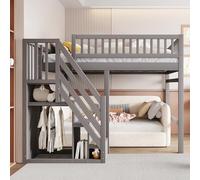 A ALFRESCOOL Lettino per bambini 140 x 200 cm, letto a castello, a soppalco, scale con armadietto, struttura in legno massiccio, versione alta, tra cui un divano o un letto, 205 x 192 x 173 cm (grigio