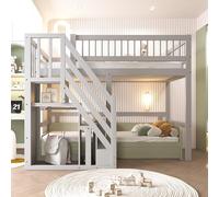 A ALFRESCOOL Lettino per bambini 90 x 200 cm, letto a castello, a soppalco, scale con armadietto, struttura in legno massiccio, versione alta, tra cui un divano o un letto, 205 x 142 x 173 cm (grigio)