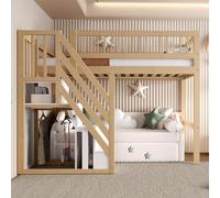 A ALFRESCOOL Lettino per bambini 90 x 200 cm, letto a castello, a soppalco, scale con armadietto, struttura in legno massiccio, versione alta, tra cui un divano o un letto, 205 x 142 x 173 cm (colore