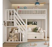 A ALFRESCOOL Lettino per bambini 90 x 200 cm, letto a castello, a soppalco, scale con armadietto, struttura in legno massiccio, versione alta, tra cui un divano o un letto, 205 x 142 x 173 cm (bianco)