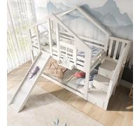 A ALFRESCOOL Letto a castello 90 x 200 cm, con scivolo e finestra, protezione sicura dalle cadute, include 2 reti a doghe bianche perfette per giochi e camera da letto