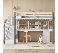 A ALFRESCOOL Letto a mezza altezza, con contenitore in tessuto, ampio spazio di archiviazione, con scala laterale, ripiano aperto, letto per ragazzi con scrivania e armadietti, pino+MDF, bianco+grigio