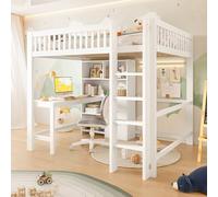 A ALFRESCOOL Letto a soppalco 140 x 200 cm con scrivania, culla con scala e armadietto, 3 cassetti, più ripiani, letto per ragazzi con area di lavoro, senza materasso (bianco-2)