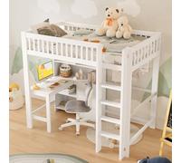 A ALFRESCOOL Letto a soppalco 90 x 200 cm con scrivania, culla con scala e armadietto, 3 cassetti, più scomparti, letto per ragazzi con area di lavoro, senza materasso (bianco)