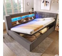 A ALFRESCOOL Letto imbottito 140 x 200 cm, letto per ragazzi, letto matrimoniale con illuminazione a LED, spazio idraulico, testiera a L con vano portaoggetti, montato su entrambi i lati, tessuto di