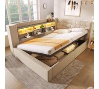 A ALFRESCOOL Letto imbottito 140 x 200 cm, letto per ragazzi, letto matrimoniale con illuminazione a LED, spazio idraulico, testiera a L con vano portaoggetti, montato su entrambi i lati, tessuto di