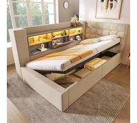 A ALFRESCOOL Letto imbottito 90 x 190 cm, letto singolo con illuminazione a LED, spazio idraulico, testiera a forma di L con vano portaoggetti, montato su entrambi i lati, tessuto di lino, senza