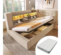 A ALFRESCOOL Letto imbottito 90 x 200 cm, letto singolo con illuminazione a LED, spazio idraulico, testiera a L con vano portaoggetti, montato su entrambi i lati, tessuto di lino, con materasso (beige