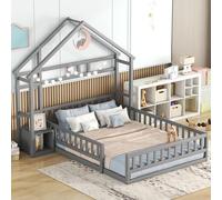 A ALFRESCOOL Letto per casa 140 x 190 cm, letto piano per bambini con ringhiera e rete a doghe e comodini, letto funzionale con vano portaoggetti, in legno, per ragazze e ragazzi, senza materasso