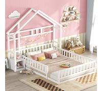 A ALFRESCOOL Letto per casa 140 x 190 cm, letto piano per bambini con ringhiera e rete a doghe e comodini, letto funzionale con vano portaoggetti, in legno, per ragazze e ragazzi, senza materasso