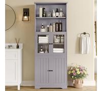 A ALFRESCOOL Mobile alto da bagno con spazio di archiviazione, vernice resistente all'umidità, porta in vetro, porta in legno, divisori regolabili, struttura semplice, 57,5 x 28,5 x 160 cm (grigio)