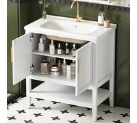A ALFRESCOOL Mobile da bagno singolo lavabo moderno con mobiletto da 80 cm, bianco, lavabo in ceramica, impermeabile, piedini antiscivolo, facile da montare