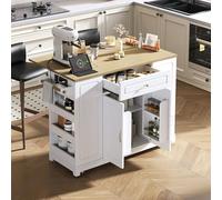 A ALFRESCOOL Mobile isola da cucina, carrello da cucina, tavolo da pranzo allungabile, armadio da cucina con cassetti multifunzione e scomparto per rifiuti, 5 ruote, 131,8 x 40-70 x 93,3 cm (bianco)