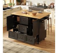 A ALFRESCOOL Mobile isola da cucina, carrello da cucina, tavolo da pranzo allungabile, con porta asciugamani e portaspezie, ripiani regolabili, 2 ante, 5 cassetti, 120 x 73 x 93 cm (nero)