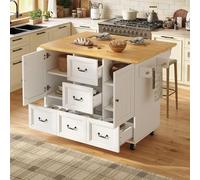 A ALFRESCOOL Mobile isola da cucina, carrello da cucina, tavolo da pranzo allungabile, con porta asciugamani e portaspezie, ripiani regolabili, 2 ante, 5 cassetti, 120 x 73 x 93 cm (bianco)