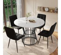 A ALFRESCOOL Set tavolo da pranzo (5 pezzi) con 4 sedie, tavolo da cucina, tavolo da pranzo rotondo con diametro di 100 cm e gambe in metallo nero, tavolo in MDF bianco, sedie da pranzo in velluto