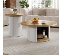 A ALFRESCOOL Tavolino da salotto, rotondo, tavolino rotondo, doppio tavolo rotondo, tavolino rotondo multifunzione con doghe in legno naturale, mobili per soggiorno, sala da pranzo (bianco+naturale)