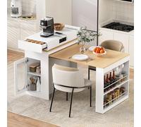 A ALFRESCOOL Tavolo da bar allungabile, credenza mobile, isola da cucina, credenza con ruote e piano da tavolo pieghevole, con prese e ganci, per cucina, sala da pranzo, 46 ~ 146,5 × 83 × 96 (bianco)
