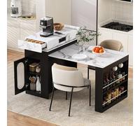A ALFRESCOOL Tavolo da bar allungabile, credenza mobile, isola da cucina, credenza con ruote e piano da tavolo pieghevole, con prese e ganci, per cucina, sala da pranzo, 46 ~ 146,5 × 83 × 96 (nero)