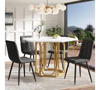 A ALFRESCOOL Tavolo da pranzo con 4 sedie, tavolo da pranzo esagonale bianco (5 pezzi), panca con rivestimento in lino, piano in marmo, per cucina, sala da pranzo e soggiorno, 110 x 95 x 76 cm (giallo