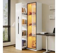 A ALFRESCOOL Vetrina in vetro, armadietto alto, credenza con ruote e illuminazione a LED, porte in vetro temperato, telaio in alluminio, 1 porta e 1 cassetto laterale, 70 × 40 × 160 cm (bianco)