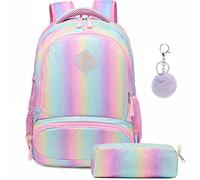 A AM SeaBlue Ragazza Zaino Arcobaleno Borsa Zainetti per Bambina Zaini Glitter Scuola Zainetto Multicolore Donna Borse Scolastici Adolescente Set di Zaini con Astuccio Rainbow Backpack