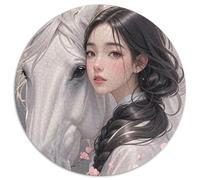 A Beautiful Young Korean Woman Gently Resting Her Face Against The Side of A Majestic White Horse, B... 1000 Piece for Adults And Kids, Portrait-Puzzle Round Jigsaw Puzzles, Unique Challenging Stress