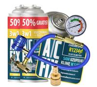 A/C FIX 3 in 1 R1234yf refrigerante Gas di Ricambio - refrigerante per Auto con sigillante e Olio - bombola del Gas 2 x 235 g, Tubo climatizzatore, manometro, Aria condizionata, Adattatore HP/LP- Eco