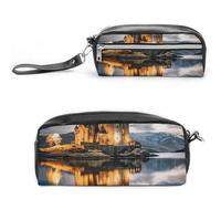 A Castle by The Lake, astuccio in pelle di grande capacità con cerniera, piccola borsa portatile per trucchi, organizer per articoli da ufficio, per donne e uomini