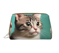 A Curious, borsa per cosmetici in pelle con gatto, impermeabile, graziosa, da viaggio, con cerniera, set di trousse da donna, marrone, bianco, Taglia unica