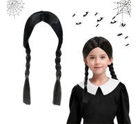 A-ddams Parrucca Mercoledì Lunga Nera Trecce per Donna Bambina, Cosplay per Halloween Carnevale Party