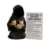 (A)Emotional Support Grim Reaper, Hand-Painted Resin Gothic Grim Reaper Statue Holding Coffee & Cat with Emotional Support Card