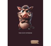 A gray-lined, college-ruled notebook with a margin. The notebook cover features an interesting graphic of a grumpy animal.: BOAR