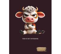 A gray-lined, college-ruled notebook with a margin. The notebook cover features an interesting graphic of a grumpy animal.: COW