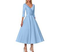 A Line Madre del Vestito Ospite di nozze Vintage Plus Size Elegante Scollo a V Lunghezza Tè Raso 1/2 Lunghezza Manica con Pieghe Abito Elegante, Azzurro, XL