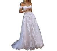 A-Line Pizzo Boho Vintage Abito da Sposa per la Sposa Fuori Spalla Spiaggia con Treno, WZEFEIO, Avorio, 46