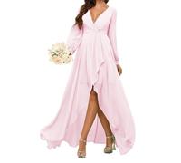 A Line Principessa Abito da Damigella D'Onore Manica Lunga Abiti Da Ballo Chiffon Formale Sera Partito Maxi Abito Alto Basso ZMKI351, rosa, 40
