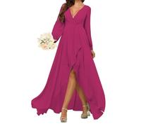 A Line Principessa Abito da Damigella D'Onore Manica Lunga Abiti Da Ballo Chiffon Formale Sera Partito Maxi Abito Alto Basso ZMKI351, Fucsia, 60 Più