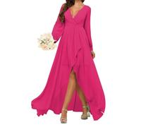 A Line Principessa Abito da Damigella D'Onore Manica Lunga Abiti Da Ballo Chiffon Formale Sera Partito Maxi Abito Alto Basso ZMKI351, Rosa acceso, 60 Più