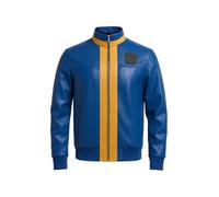 A&M Express Giacca da uomo in ecopelle blu Fallout 76 con cerniera - polsini con bottoni Vault giacca per videogiochi con tasche, Blu, M