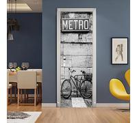 A.Monamour Adesivo Porta Autoadesiva 3D Bicicletta Contro Un Muro Di Blocchi Di Pietra Con Il Segno Della Metropolitana In Bianco E Nero Vinile PVC Adesivi per Porte Pellicola Adesiva Poster 77x200cm