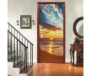 A.Monamour Adesivo Porta Autoadesiva 3D Cloudscape Sopra Il Paesaggio Della Spiaggia Del Mare All'Alba Vinile PVC Adesivi per Porte Interne Pellicola Adesiva Poster Murale Parete 77x200cm