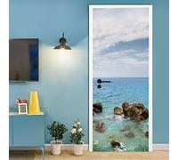 A.Monamour Adesivo Porta Autoadesiva 3D Costa Rocciosa E Paesaggio Tropicale Della Natura Del Mare Vinile PVC Adesivi per Porte Interne Pellicola Adesiva Poster Murale Parete Carta da Parati 77x200cm