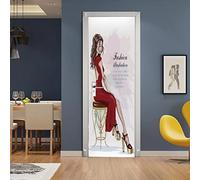A.Monamour Adesivo Porta Autoadesiva 3D Donna Graziosa Disegnata A Mano In Vestito Rosso Che Si Siede Su Una Sedia Vinile PVC Adesivi per Porte Interne Pellicola Poster Sticker Murale Parete