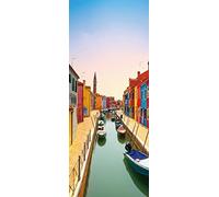 A.Monamour Adesivo Porta Autoadesiva 3D Edifici Colorati E Barche Nel Canale Della Via Dell'Isola Di Burano A Venezia Vinile Adesivi per Porte Interne Pellicola Adesiva Poster Sticker Murale Parete